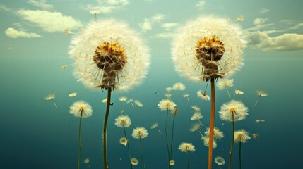 two dandelions blowing in the wind with a blue sky in the background.  generative ai