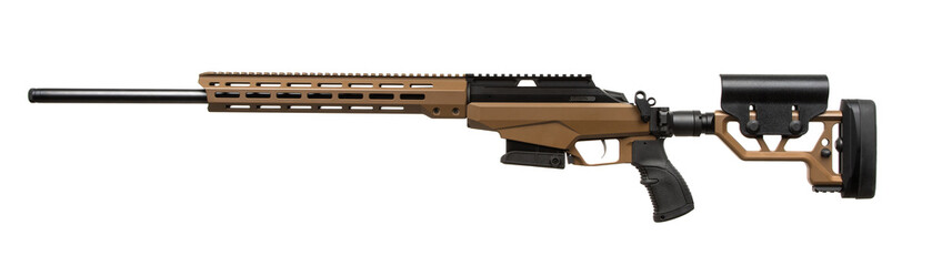 Modern bolt carbine isolated on white background. Weapons for sports, hunting and self-defense.