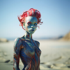 A portrait of an alien female outdoors, she has colorful hair and painted skin. Looking into the camera. Nature in the background. She is naked and topless - 666765100