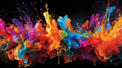 Vibrant and bold paint splashes on a black background. AI generated