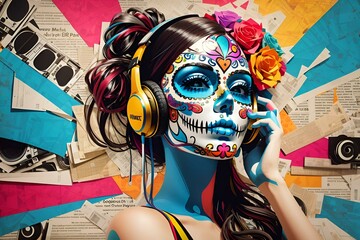 colorfull sugar skull girl listen to music,generative,AI,generative AI