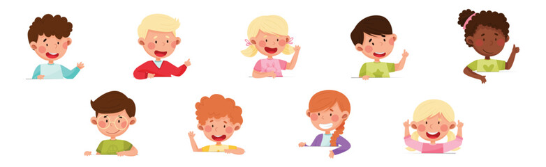 Cute Boy and Girl Characters Talking and Speaking at Table or Desk Vector Illustration Set
