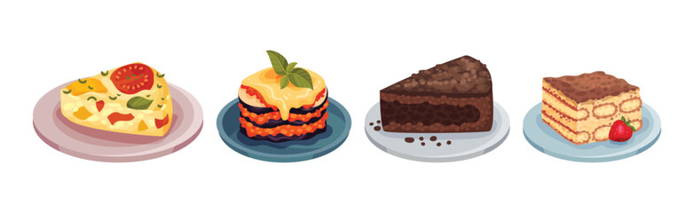 Italian Cuisine Dishes and Food Served on Plate Vector Set