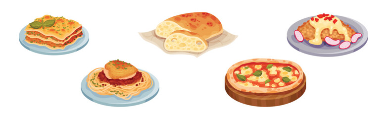 Italian Cuisine Dishes and Food Served on Plate Vector Set