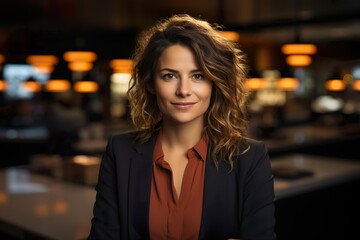 Obraz premium Confident Business Leader: Smiling Executive Woman in Modern Office Portrait