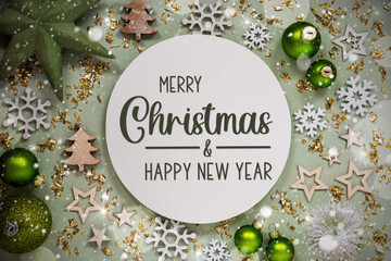 Text Merry Christmas And Happy New Year, Green Christmas Decor, Snow - obrazy, fototapety, plakaty