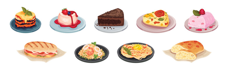 Italian Cuisine Dishes and Food Served on Plate Vector Set