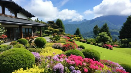  a house surrounded by lush green trees and colorful flowers on a hillside.  generative ai