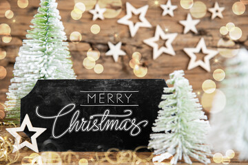 Christmas Trees, Rustic Holiday Background With Sign With Words Merry Christmas