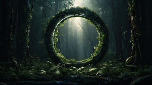  a circle of moss in the middle of a forest filled with trees.  generative ai