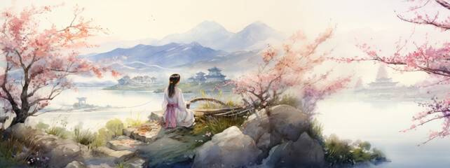 Oriental female concept art, asian style woman beautiful illustration painting