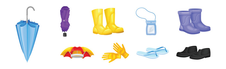 Rain Clothes and Accessories with Rubber Boots and Umbrella Vector Set