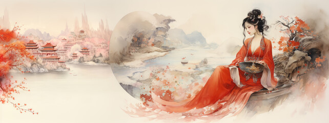 Oriental female concept art, asian style woman beautiful illustration painting - obrazy, fototapety, plakaty