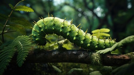  a green caterpillar crawling on a branch in a forest.  generative ai