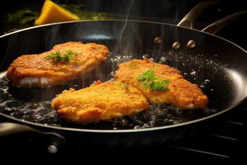 Breaded fish fillets frying in a pan, topped with dill, on a gas stove.