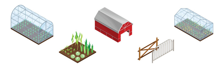 Gardening and Farm with Barn, Fence and Greenhouse Isometry Vector Set