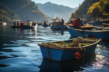 A fishing community launching their boats for a day's work, highlighting sustainable fisheries management to preserve marine resources. Generative Ai.