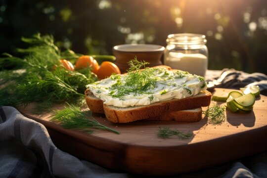 A sandwich with cream cheese and dill, accompanied by milk and cucumbers.