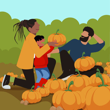 Halloween Fun: LGBTQ+ Parents and Kids in Everyday Life - Two dads and their son picking pumpkins in the field for Halloween