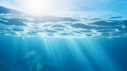 Fototapeta na wymiar A mesmerizing underwater scene with radiant sunlight piercing through the deep blue ocean