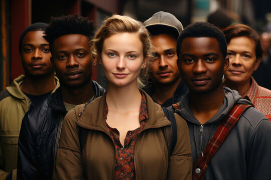 A diverse group of people waiting in line at an immigration office, illustrating the global phenomenon of international migration and its impact on local communities. Generative Ai. - Powered by Adobe