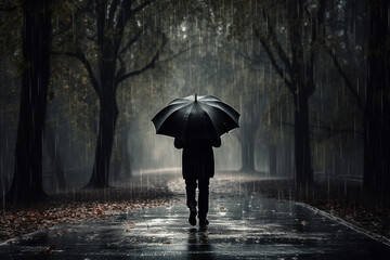 illustration of a person with umbrella in rain in park. Created with Generative AI