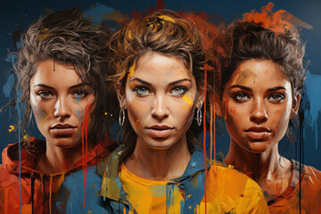 Obraz premium A street mural with images of diverse faces, celebrating the multiculturalism created by international migration. Generative Ai.
