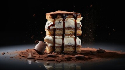  a piece of cake with ice cream and chocolate drizzled on it.  generative ai