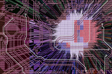  image of diverging symbolic rays in the center of which there is a pad with a printed circuit board