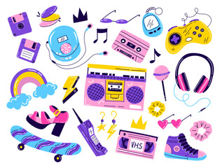 90s vibes: hand drawn vector 90s element collection isolated on white. Sticker set, flat style. Radio, headphones, skateboard, floppy disk..