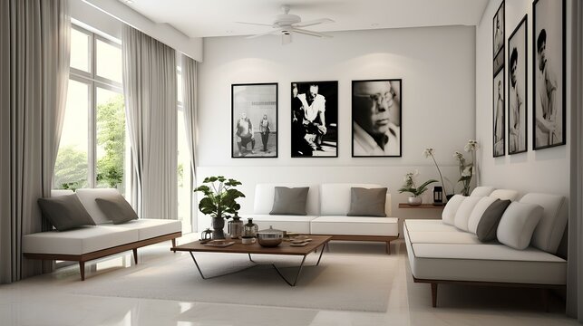 a modern living room with white furniture and pictures