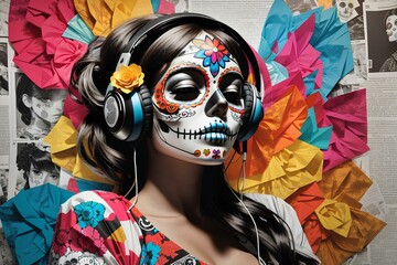 portrait of a girl with a mask,generative,AI,generative AI,colorfull sugar skull girl listens to music
