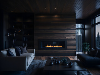 modern wooden villa, luxury wood living room, fireplace