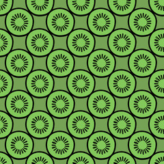 Kiwi slices seamless pattern. Cute green kiwi slices. Citrus fruit doodle background. Summer bright colors, juicy fresh background, design elements.