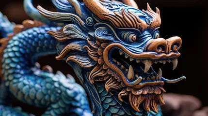 Foto op Canvas Blue wooden Chinese dragon statuette background. Navy Dragon's face of figurine. Happy Chinese new year 2024 Wallpaper concept.. © Oksana Smyshliaeva