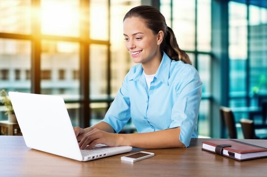 Positive businesswoman typing on the laptop, AI generated image