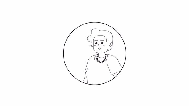 Senior mexican lady saying hi hello black and white 2D avatar animation. Goodbye happy elderly latina outline cartoon 4K video, alpha channel. Non verbal acknowledge female animated portrait isolated