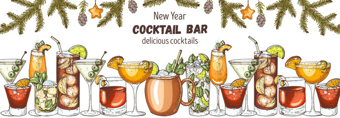Alcoholic cocktail. Christmas menu. Hand drawn vector illustration. Hand drawn drinks illustration. Cocktails set. Menu design elements.