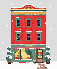 Christmas gift shop. Decorated building facade. Vector illustration in a flat style.Traditional old european houses. Buildings front view.