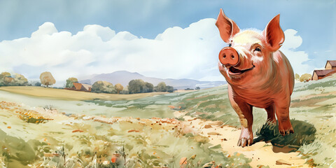 illustration of a cute pig in iyllic farm landscape, created using generative AI tools