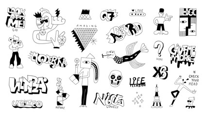 Obraz premium crazy doodle characters drawing words absurd symbols and objects isolated vector set