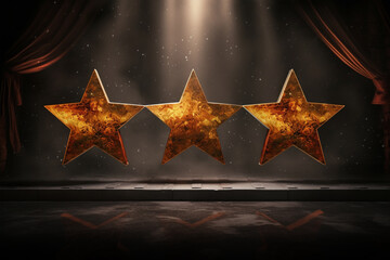 3 Golden shiny Stars isolated on copy space black background, 3 Stars with award ceremony background, star wallpaper concept, Golden stars on a row, Beautiful stars, star ratings, client testimonial - obrazy, fototapety, plakaty