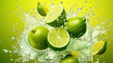 Fresh limes falling into water with splash on green background, closeup. Healthy Food Concept. Background with a copy space.