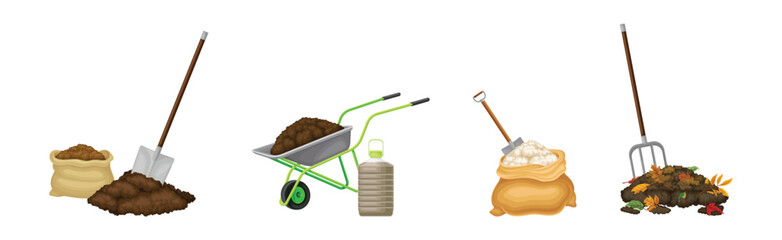 Organic Compost and Plant Fertilizer for Garden Work Vector Set