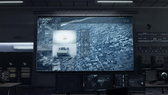 Army tracking system looking for the target on the map. Army surveillance satellite system searching for target location. Computer system identifies the position of the target enemy army base.