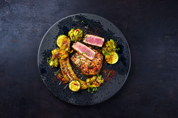 Fried gourmet tuna fish steak with banana, avocado and zucchini slices served as top view on a Nordic design plate