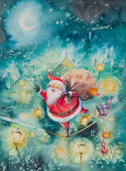 Santa Claus balances on a wire in the middle of a winter night city. Hand-painted watercolor illustration. - 666770974