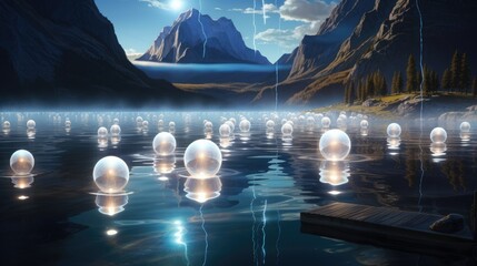 a painting of a body of water filled with floating lights.  generative ai