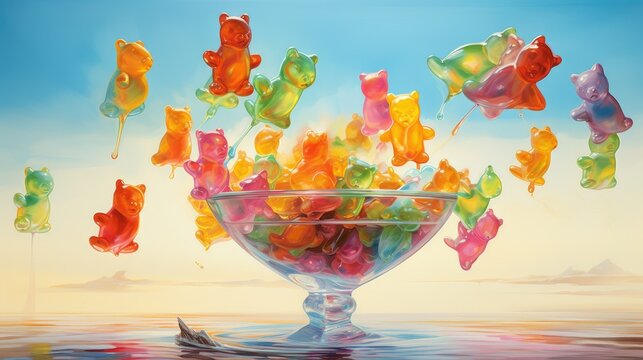  a painting of a bowl of gummy bears floating in water.  generative ai