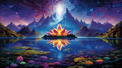  a painting of a lotus flower in front of a mountain lake.  generative ai
